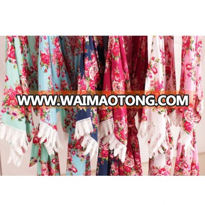 Wedding Gifts,Bride and Bridesmaid Robes, Long Style Cotton Floral Robes with Lace