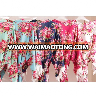 High Quality Cotton Short Floral Bride Robe with Lace For Wedding