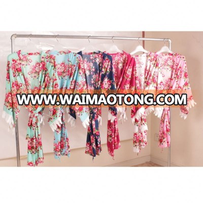 High Quality Coral Evening Short Floral Cotton Women Kimono Robe with Lace